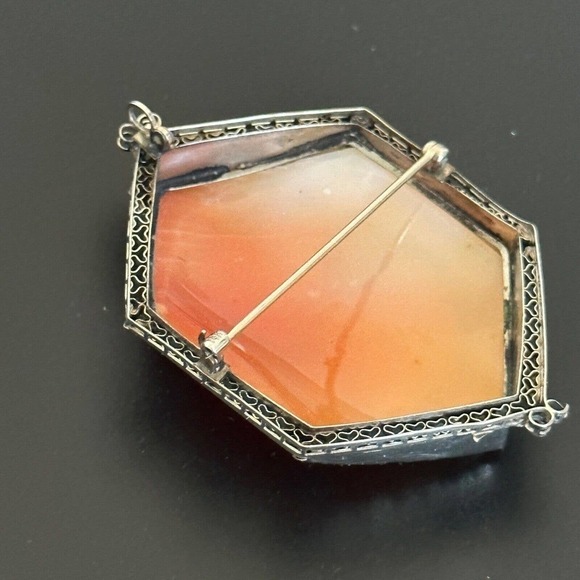 Vintage 14K Solid White Gold Carved Cameo Shell Woman & Flowers Large Brooch Pin - Picture 14 of 16